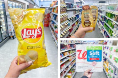 collage with chips, shampoo, and toilet paper