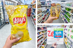 collage with chips, shampoo, and toilet paper