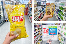 collage with chips, shampoo, and toilet paper