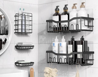 shower caddies with bath products on a wall