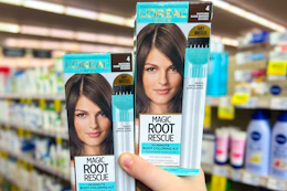 person holding 2 boxes of loreal root rescue hair dye