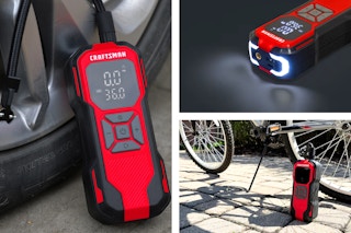 3 lifestyle images of the Craftsman Portable Air Inflator 
