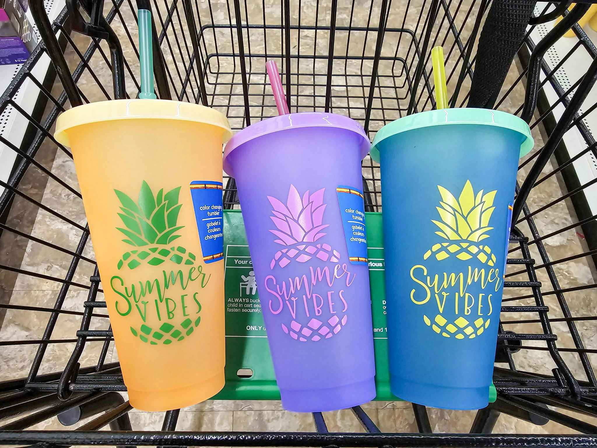 3 color changing cups in a cart