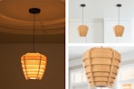 3 lifestyle images of the C Cattleya Natural Wood Pendant Light
