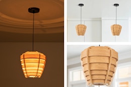 3 lifestyle images of the C Cattleya Natural Wood Pendant Light