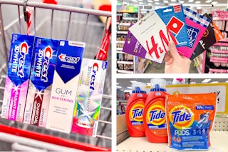 collage image of crest toothpaste, tide detergent, and gift cards