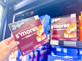 hand holding a box of breyers s-mores frozen sandwiches in walmart freezer aisle