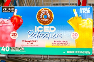 box of donut shop iced refreshers in a cart