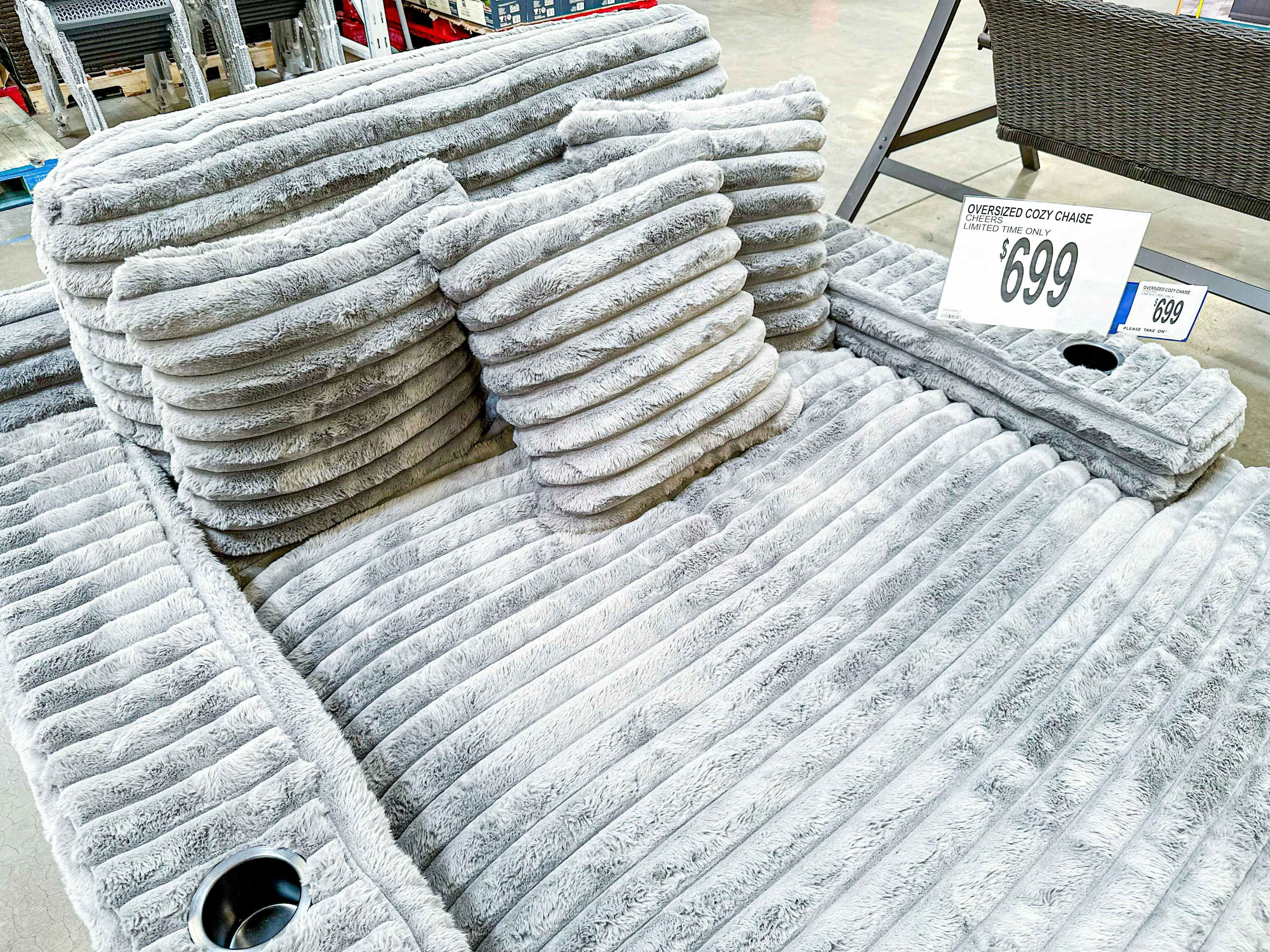 oversized grey chaise chair on display in sams club
