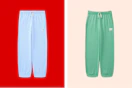 blue and green kids joggers on a red background