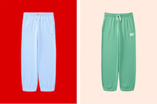 blue and green kids joggers on a red background