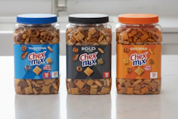 Chex mix tubs on counter