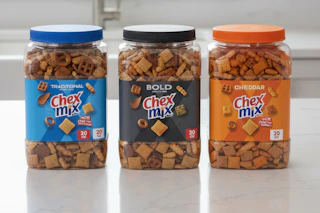 Chex mix tubs on counter