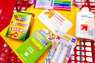 lysol laundry sanitizer, bissell carpet cleaner, and crayola colored pencils side by side