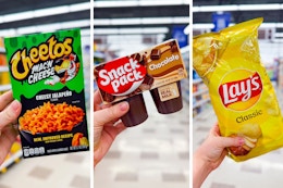 cheetos mac 'n cheese, snack pack, and lay's chips on 3-photo template