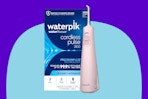 Waterpik Cordless Pulse Rechargeable Portable Water Flosser on a blue background.