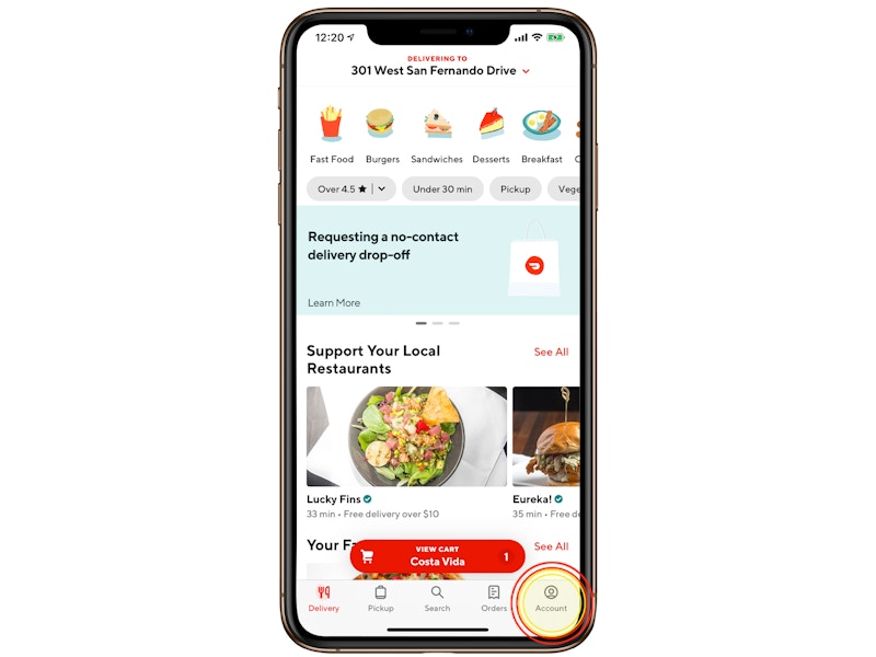 A screen shot of the doordash main app page, with a circle around the bottom right hand icon that says Account.