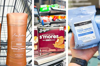 collage image of shea moisture deodorant, breyers smores bars, and neutrogena makeup wipes