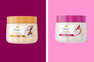 Dove body scrub on pink duo template: vanilla and dragon fruit