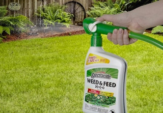 Someone spraying their lawn with a weed killer bottle
