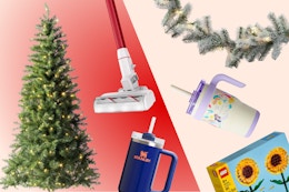 christmas tree, bissell vacuum, stanley tumbler, garland, reduce tumbler, and lego sunflower