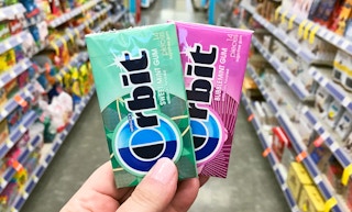 hand holding two packs of Orbit gum