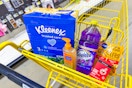 kleenex, clean and clear, fabuloso, pedigree, neutrogena in a yellow shopping cart
