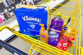 kleenex, clean and clear, fabuloso, pedigree, neutrogena in a yellow shopping cart