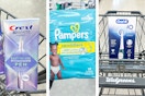 collage image of crest teeth whitening pen, pampers diapers, and oral-b electric toothbrush