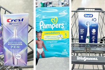 collage image of crest teeth whitening pen, pampers diapers, and oral-b electric toothbrush