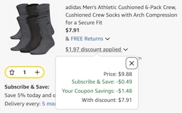 adidas mens Athletic Cushioned Crew Socks on a blue background.