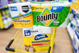 bounty paper towels and charmin toilet paper in yellow shopping cart