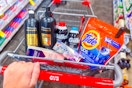 tresemme shampoo, gillette foamy shave cream, tide pods, and crest toothpaste in a cart