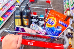 tresemme shampoo, gillette foamy shave cream, tide pods, and crest toothpaste in a cart