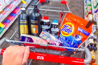 tresemme shampoo, gillette foamy shave cream, tide pods, and crest toothpaste in a cart