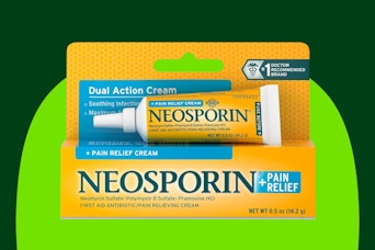 A yellow and teal box and tube of Neosporin + Pain Relief 0.5 ounces