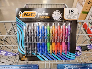 a pac of 18 bic gelocity pens in a cart