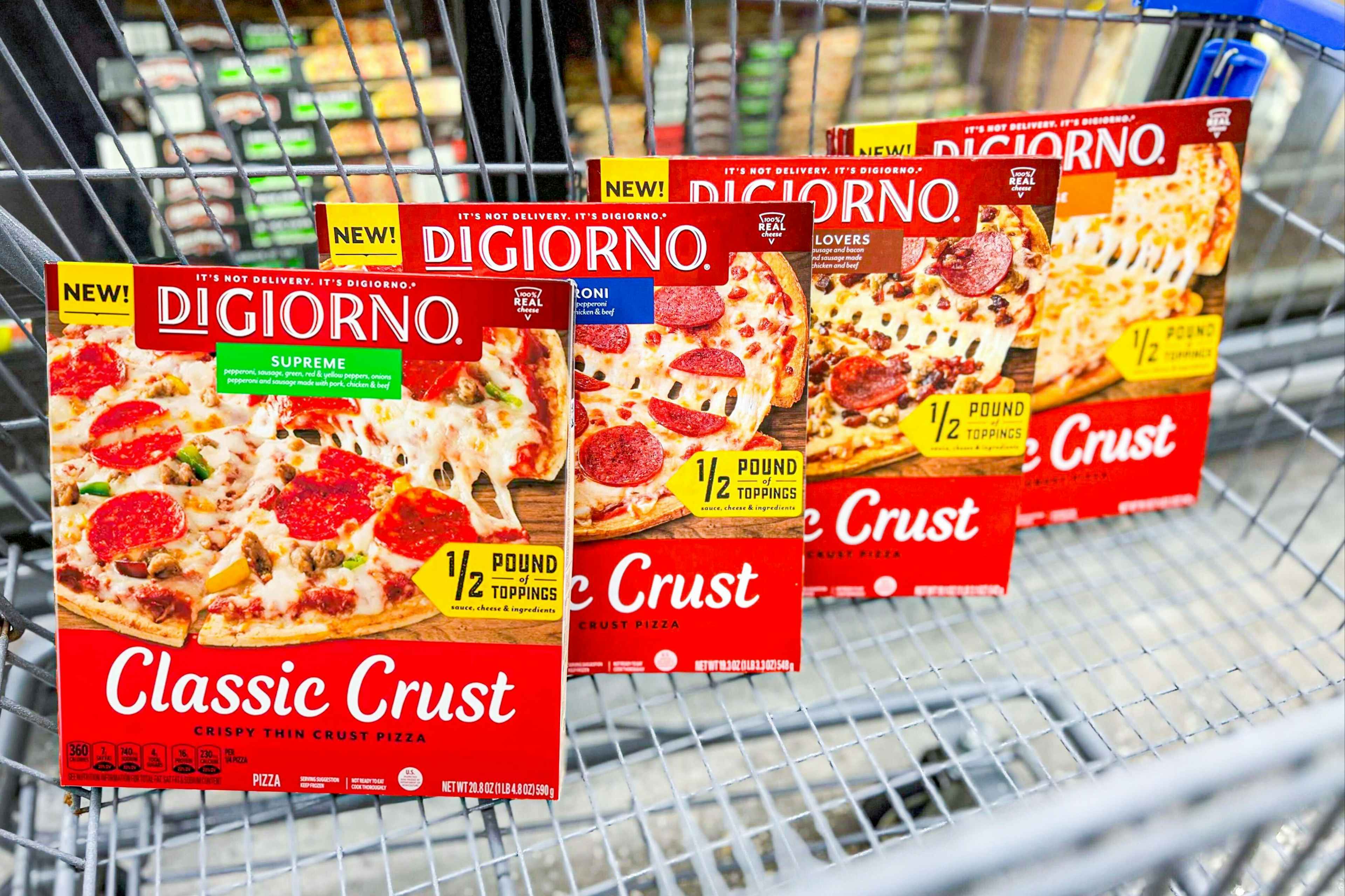 4 Classic Crust DiGiorno pizzas in a Walmart cart