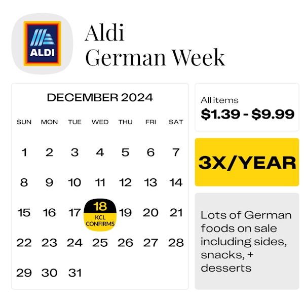 Black and white calendar graphic showing the confirmed start date for Aldi German Week on December 18, 2024.