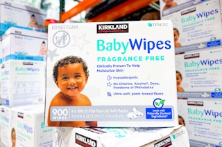 kirkland signature baby wipes stacked at costco