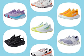 A collage of Hoka and On running sneakers