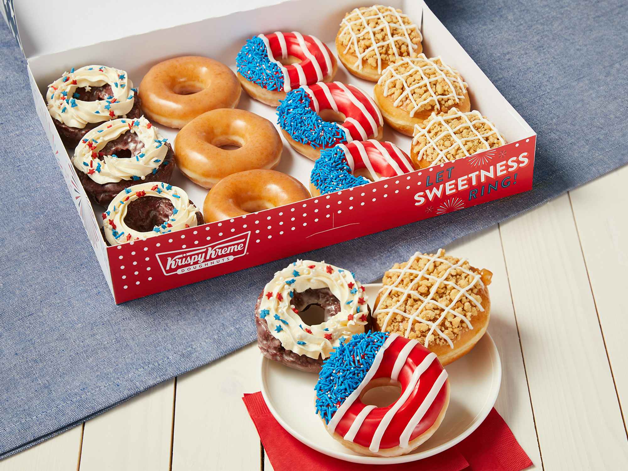 Red, White, and Blue themed doughnuts from Krispy Kreme in a box and on a plate