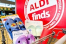 aldi brand lookalikes in a cart by the Aldi Finds sign