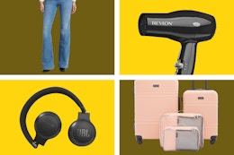 women's jeans, revlon hair dryer, luggage set, black headphones