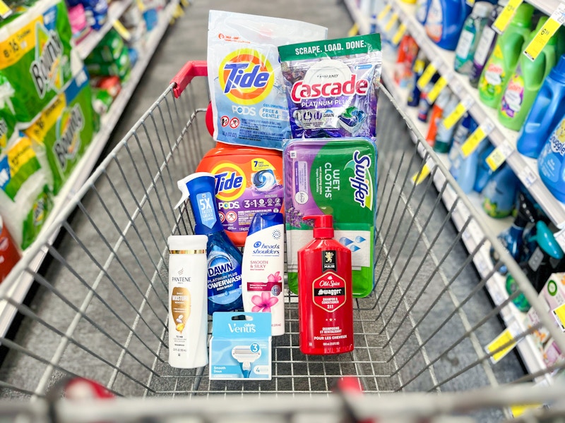 tide, cascade, swiffer, old spice, dawn, pantene, head & shoulders, and venus products in a cart