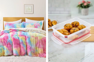 Bedding set and food storage container (2 lifestyle images in home settings)