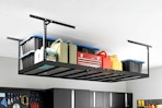 Lifestyle image of the NewAge Products overhead garage storage rack used to store miscellaneous items