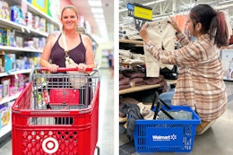 two different people, one pushing a target cart, and one with a walmart basket