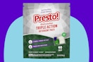 Amazon Brand - Presto! Triple Action Dishwasher Pacs, Fresh Scent, 90 Count on a blue background.