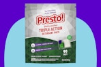 Amazon Brand - Presto! Triple Action Dishwasher Pacs, Fresh Scent, 90 Count on a blue background.